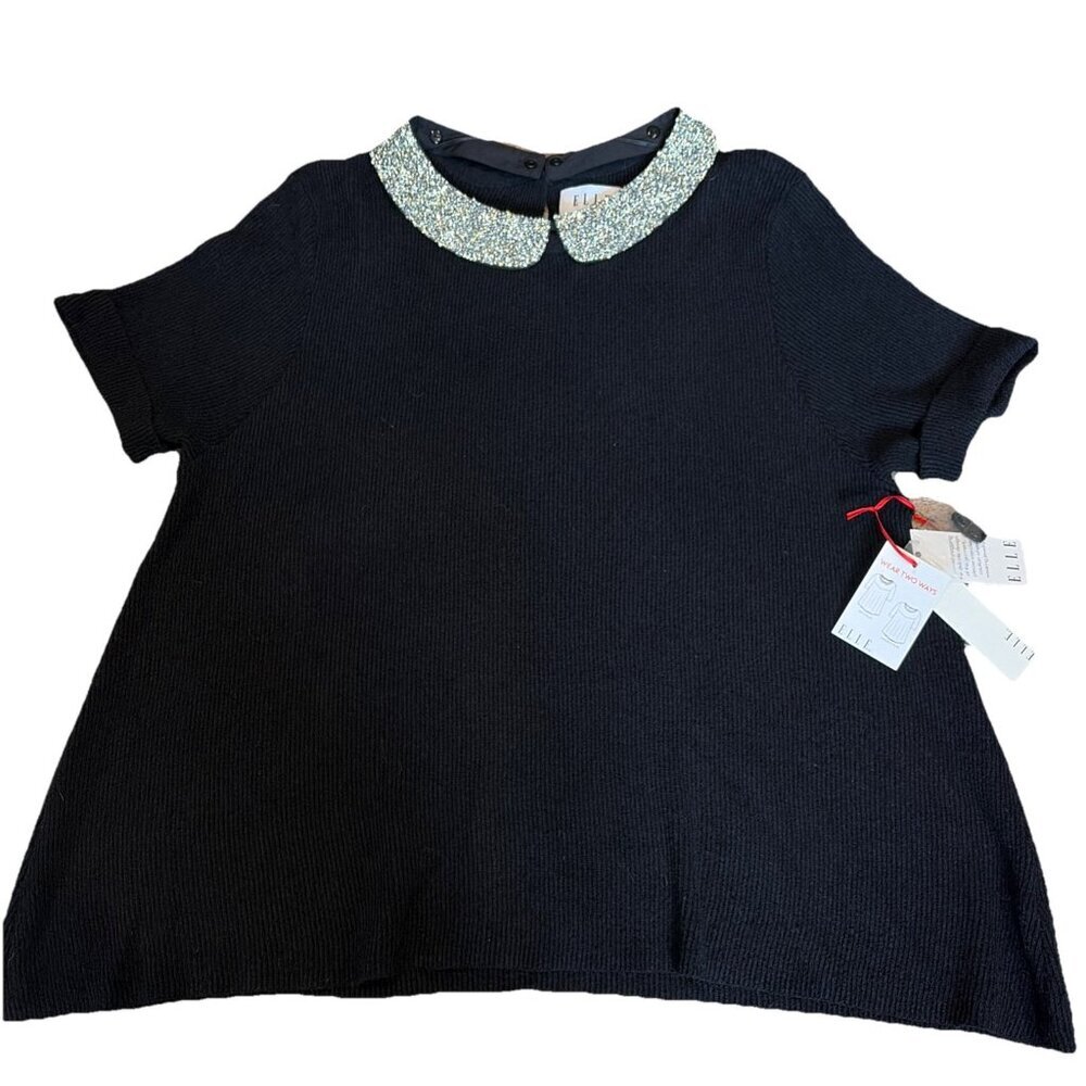 Elle Sequin Collared Swing Sweater Size XXL Black Removable Peter Pan Collar NWT